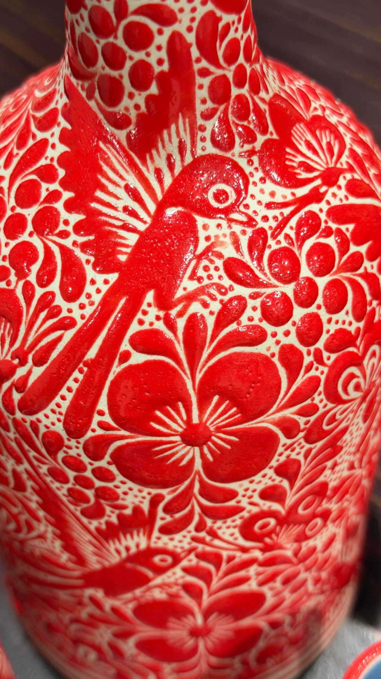 Red & White Hummingbird Ceramic Decanter – Artisan Made from Mexico