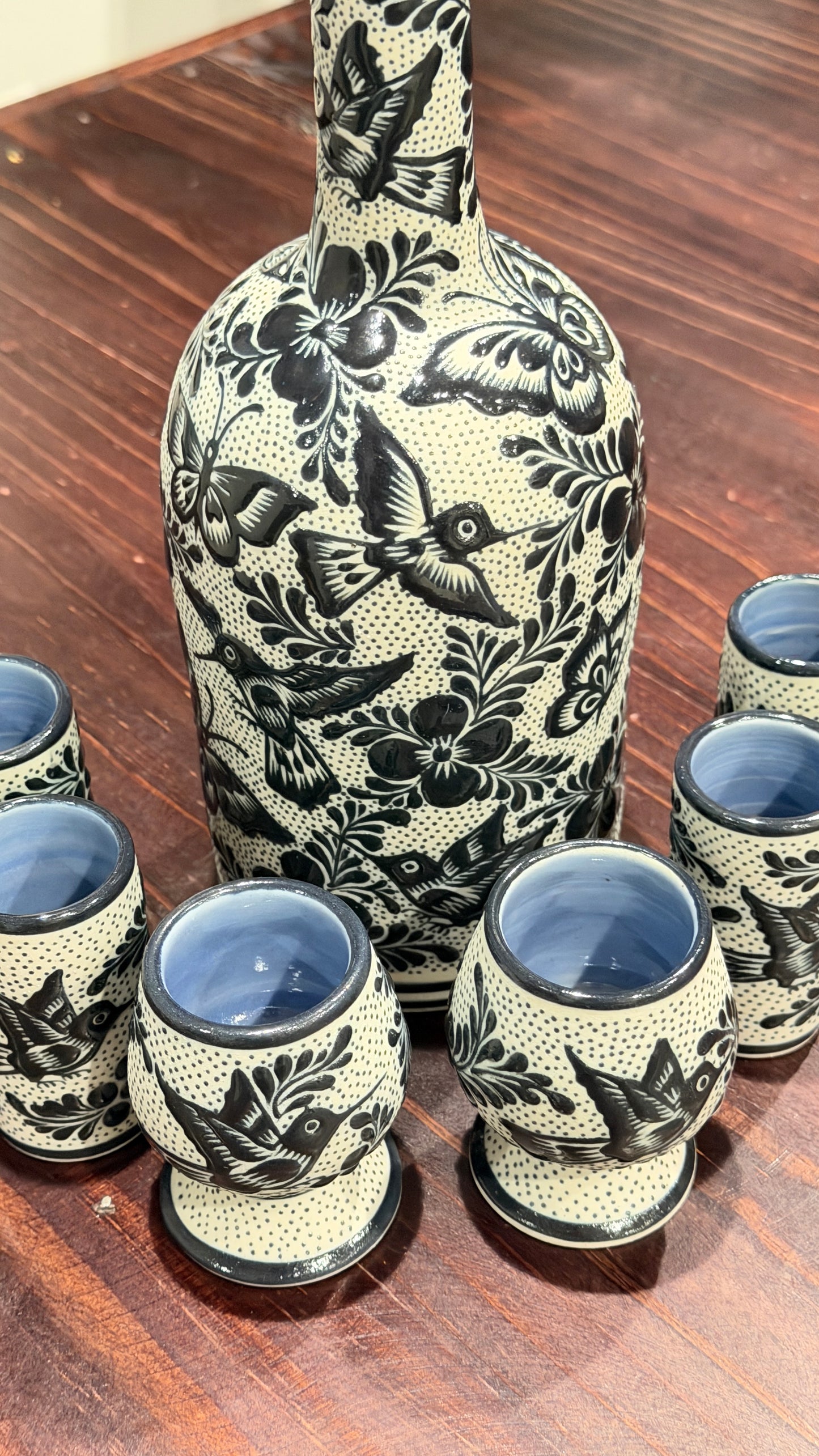 Handmade Mexican Ceramic Decanter Set with Shot Glasses- Black and White