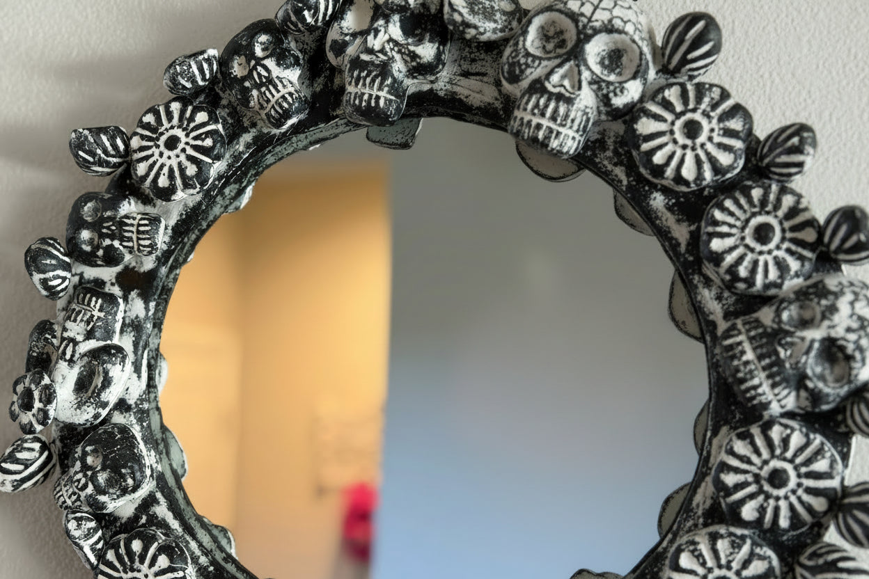 Handmade Mexican Skull Mirror – Day of the Dead Folk Art Wall Mirror