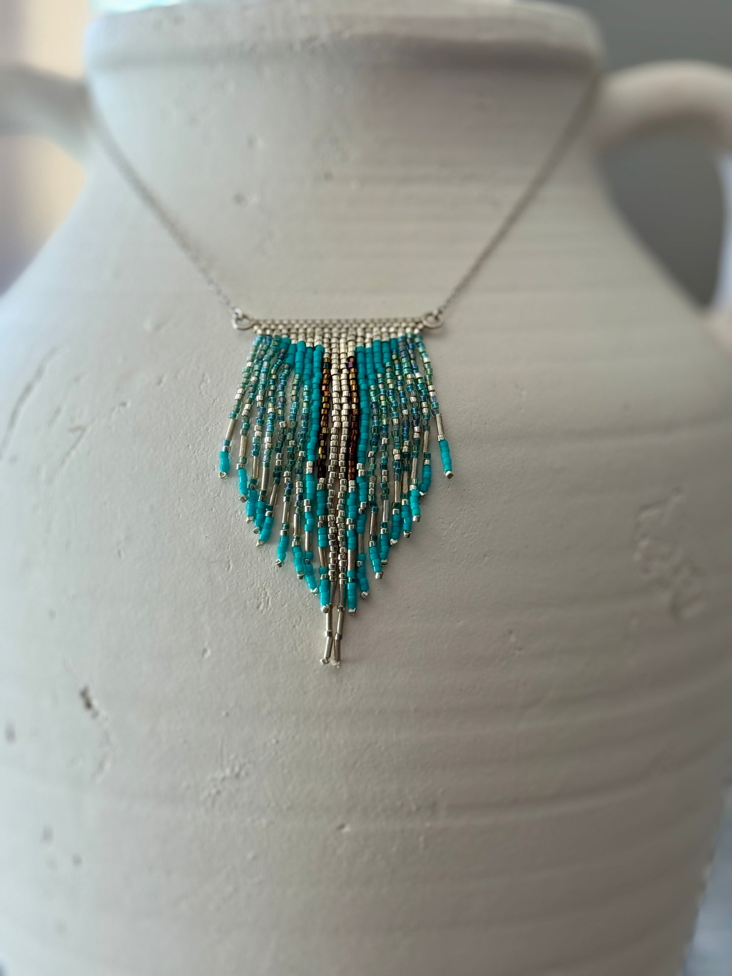 Handmade Mexican Beaded V-Fringe Necklace – Lightweight Silver Statement Jewelry