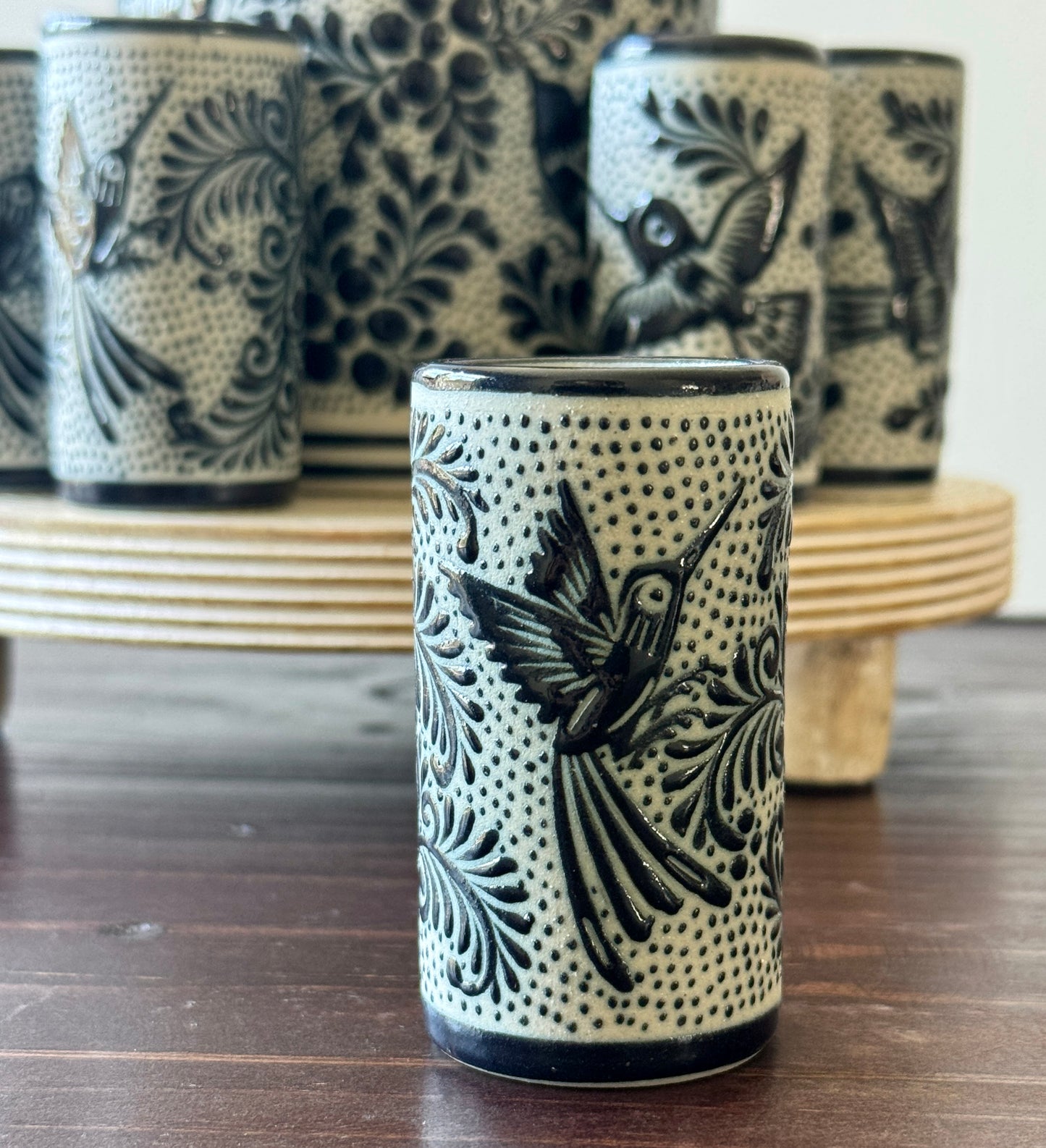 Handmade Mexican Tequila Set – Black Clay Bottle & Shot Glasses from Guanajuato | Bird Design by Pajaro Artisans
