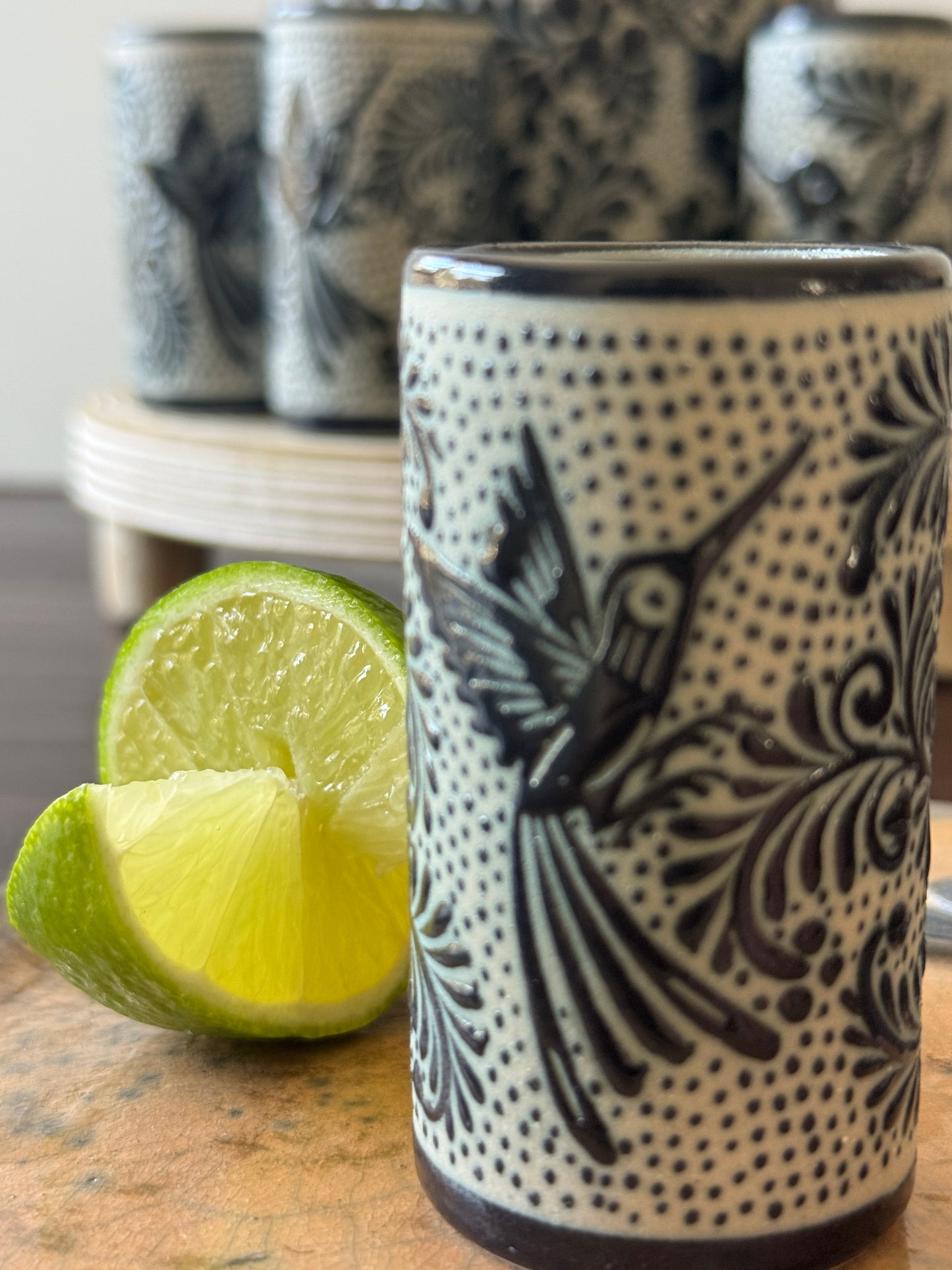 Handmade Mexican Tequila Set – Black Clay Bottle & Shot Glasses from Guanajuato | Bird Design by Pajaro Artisans