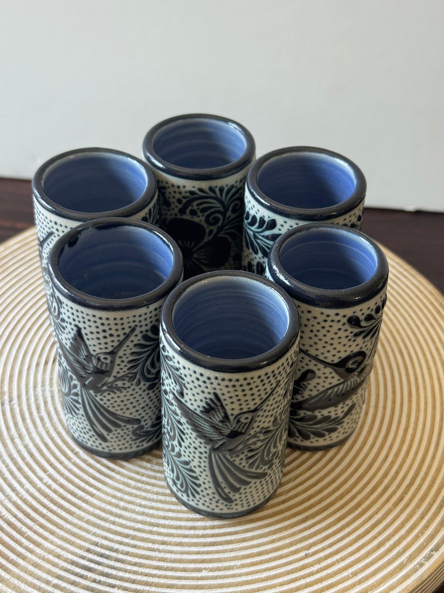 Handmade Mexican Tequila Set – Black Clay Bottle & Shot Glasses from Guanajuato | Bird Design by Pajaro Artisans