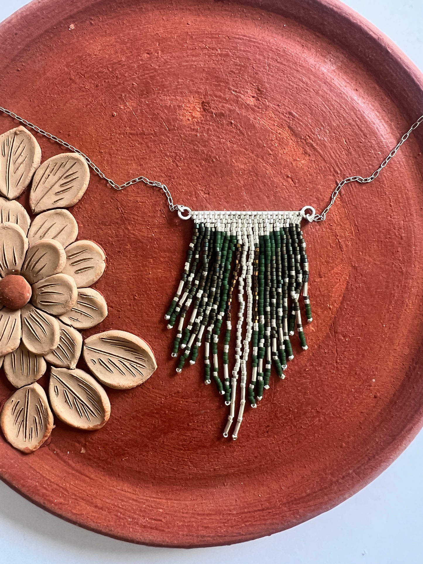 Handmade Mexican Beaded V-Fringe Necklace – Lightweight Silver Statement Jewelry