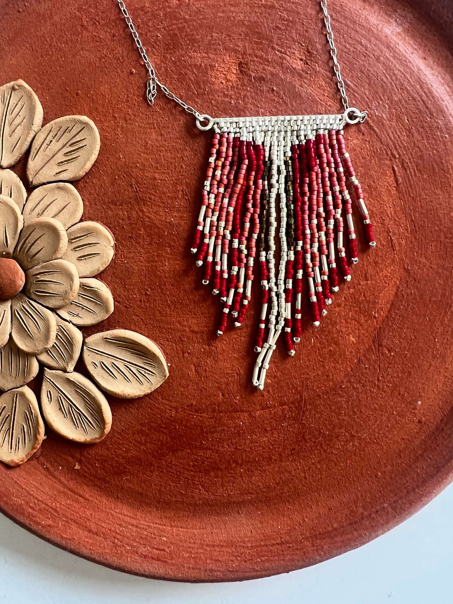 Handmade Mexican Beaded V-Fringe Necklace – Lightweight Silver Statement Jewelry