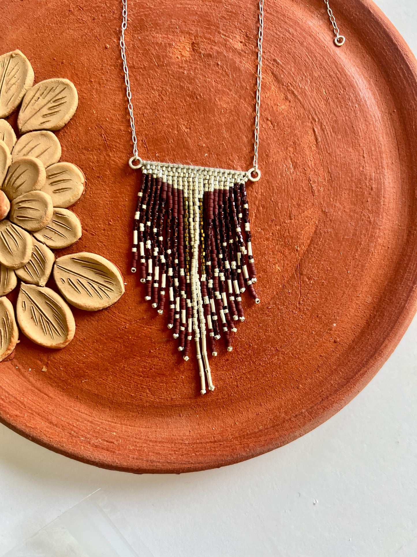 Handmade Mexican Beaded V-Fringe Necklace – Lightweight Silver Statement Jewelry