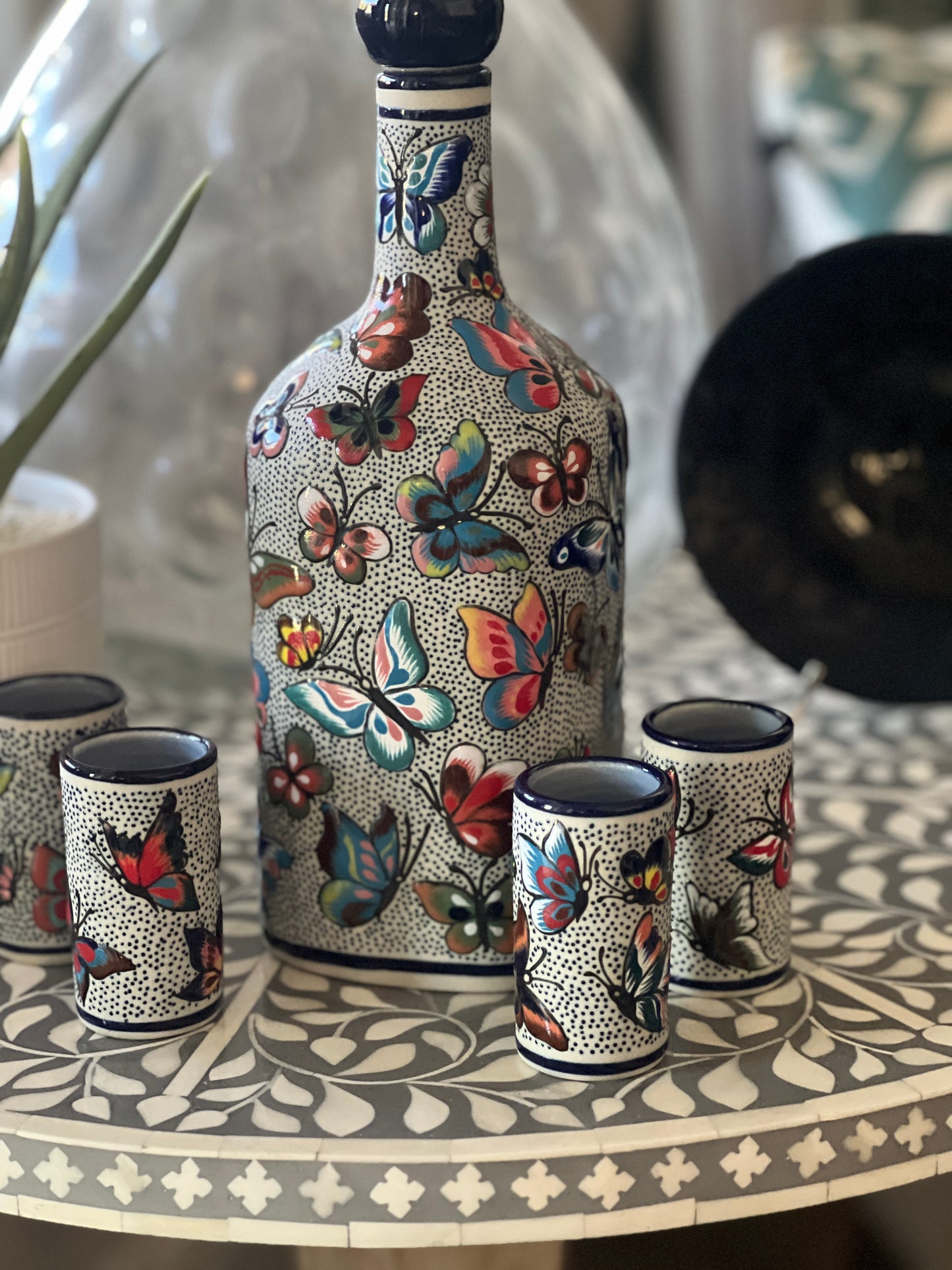 Handmade Mexican Decanter & Shot Glass Set | Butterfly Talavera from Guanajuato