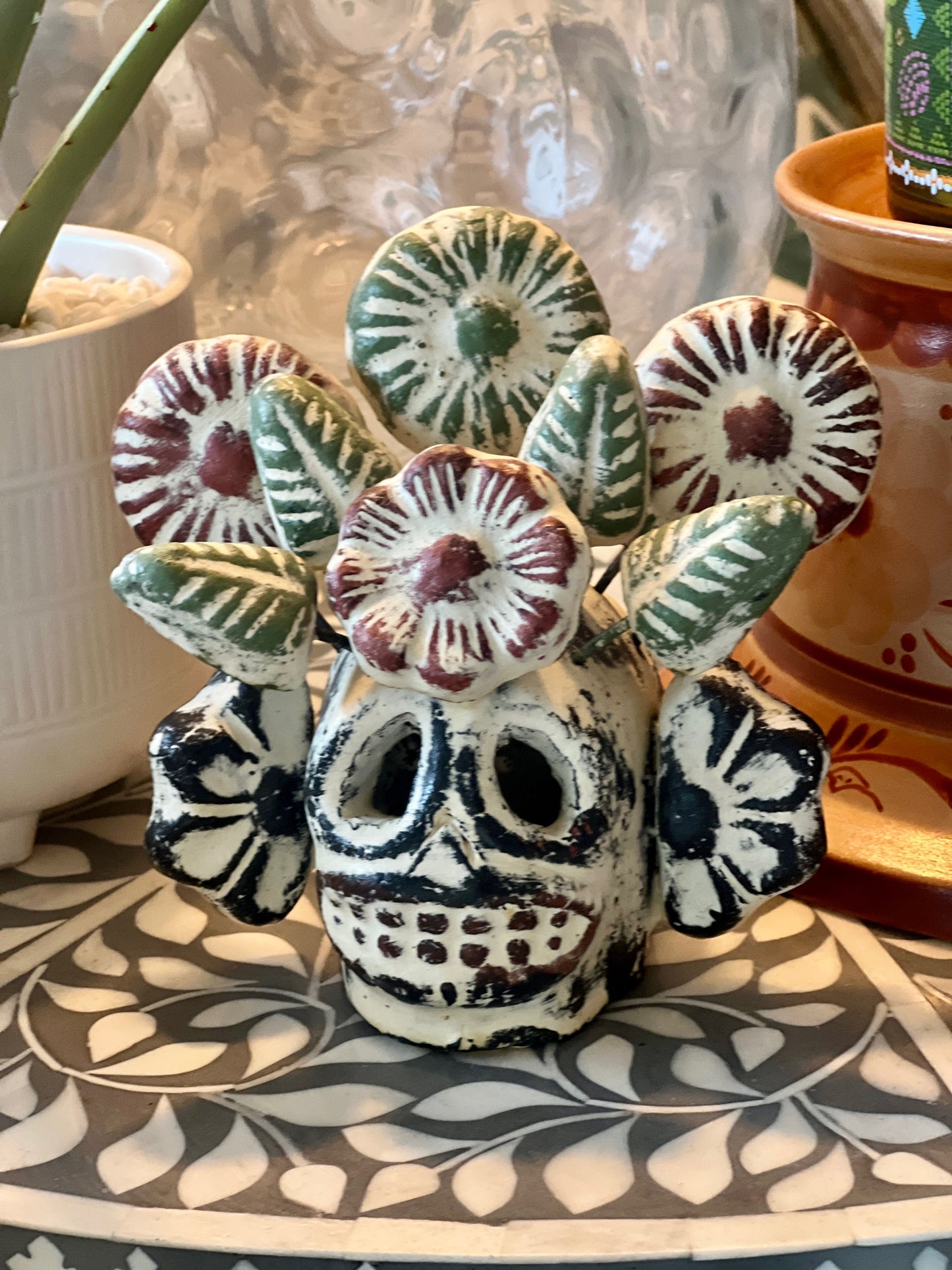 Handmade Ceramic Skull with Flowers – Jalisco Folk Art