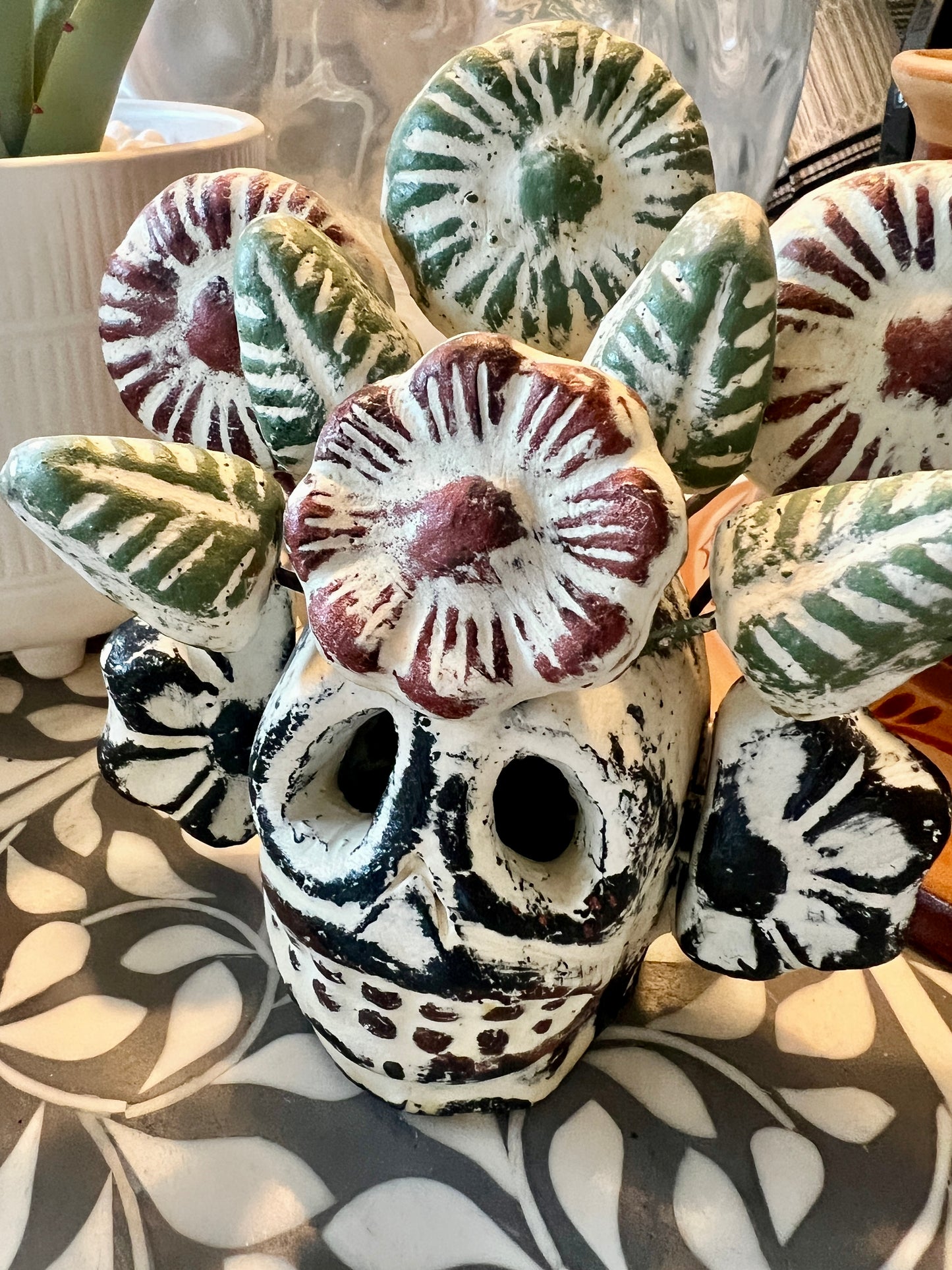 Handmade Ceramic Skull with Flowers – Jalisco Folk Art