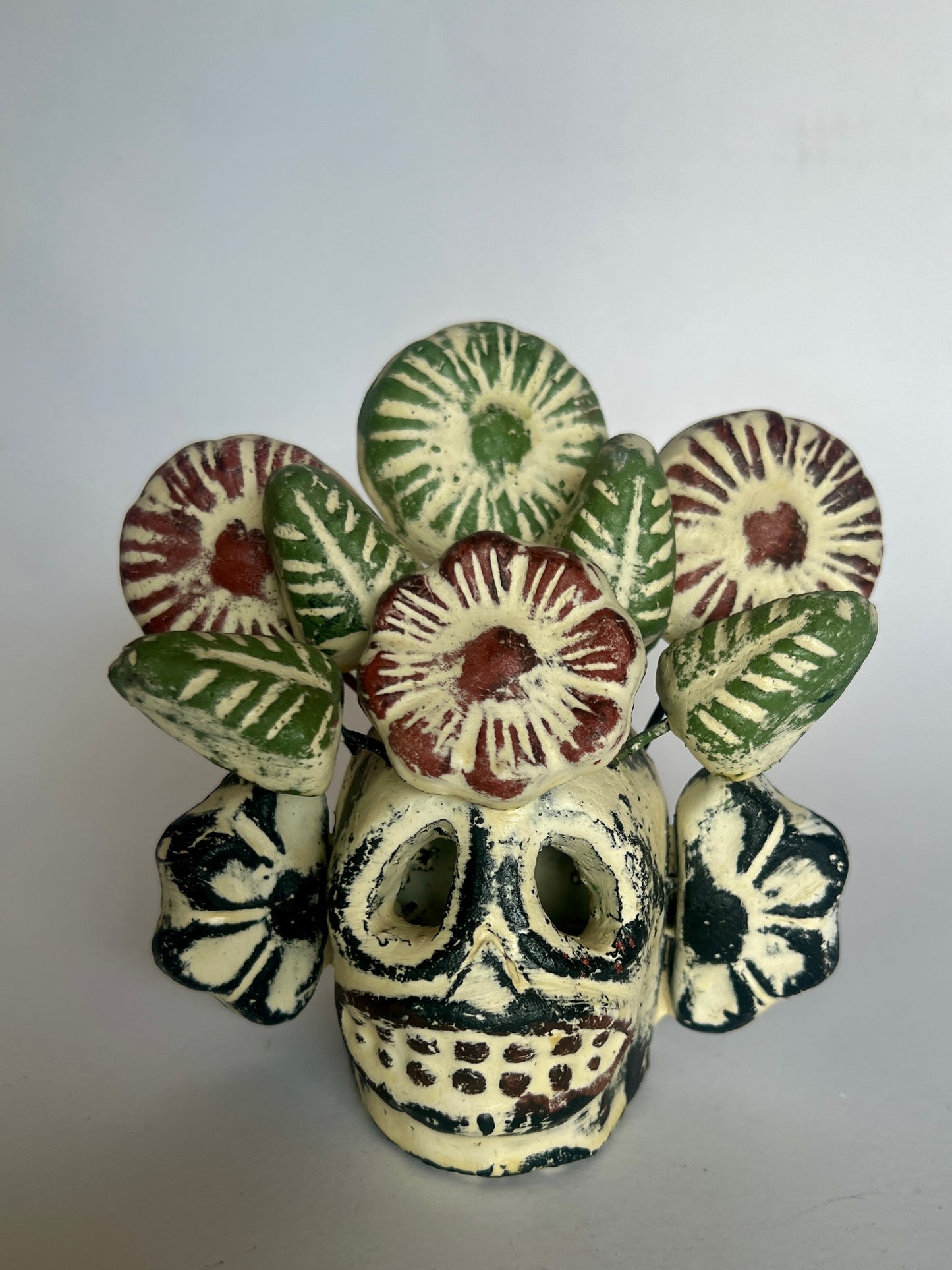 Handmade Ceramic Skull with Flowers – Jalisco Folk Art