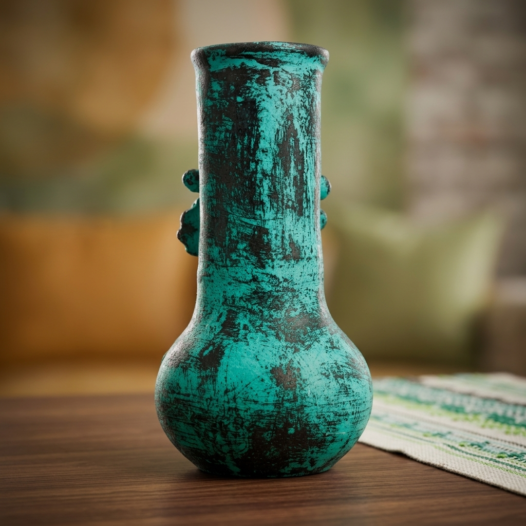 A small ceramic vase with a distressed turquoise and black finish, featuring two small side handles, displayed on a wooden table with a blurred background.