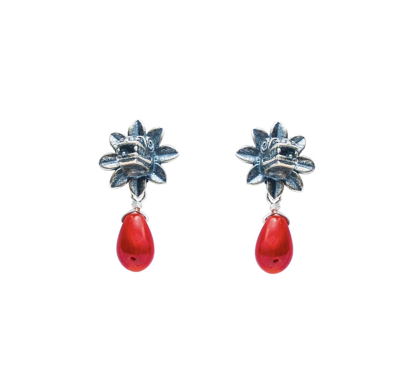 Quetzalcoatl Red Earrings in .925 Sterling Silver with Natural Coral Handmade Mexican Artisan Jewelry, Cultural Inspired Dangle Earrings