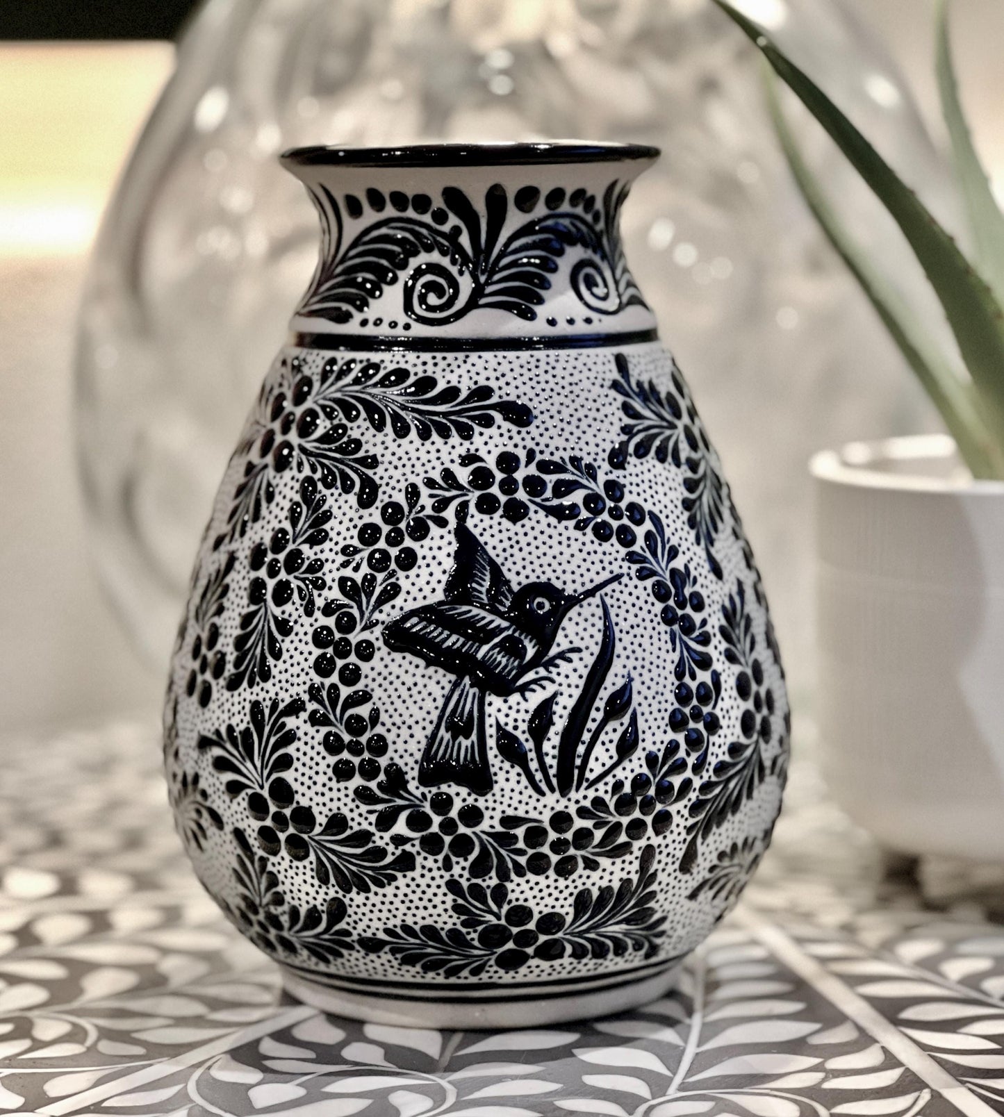 Handmade Mexican Ceramic Vase -Black and White Hummingbird Design