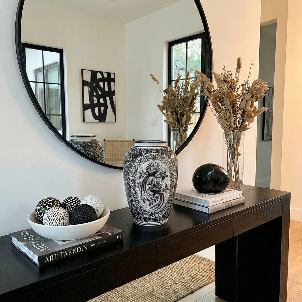 Black and White Talavera Vase – Handpainted Mexican Ceramic Art