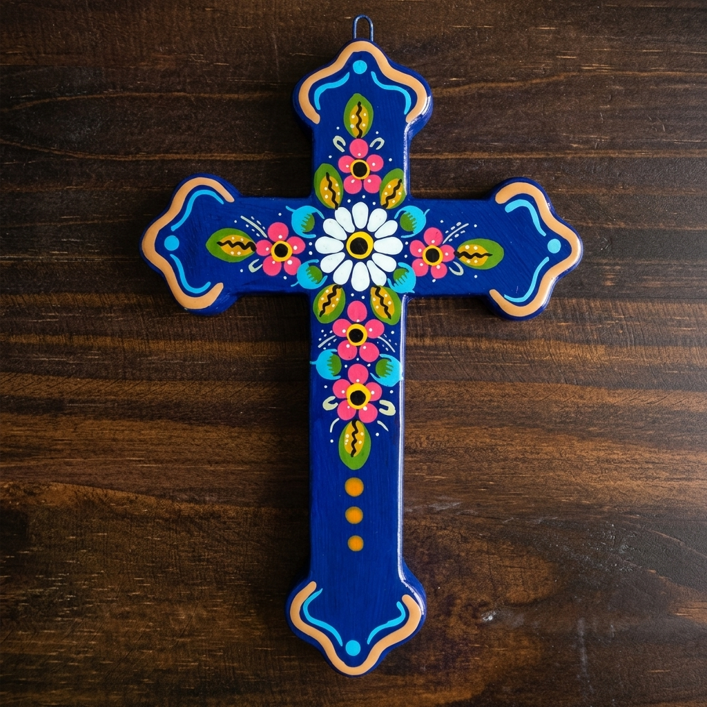 A hand-painted ceramic cross with a vibrant blue background and colorful floral designs, displayed on a dark wood surface.