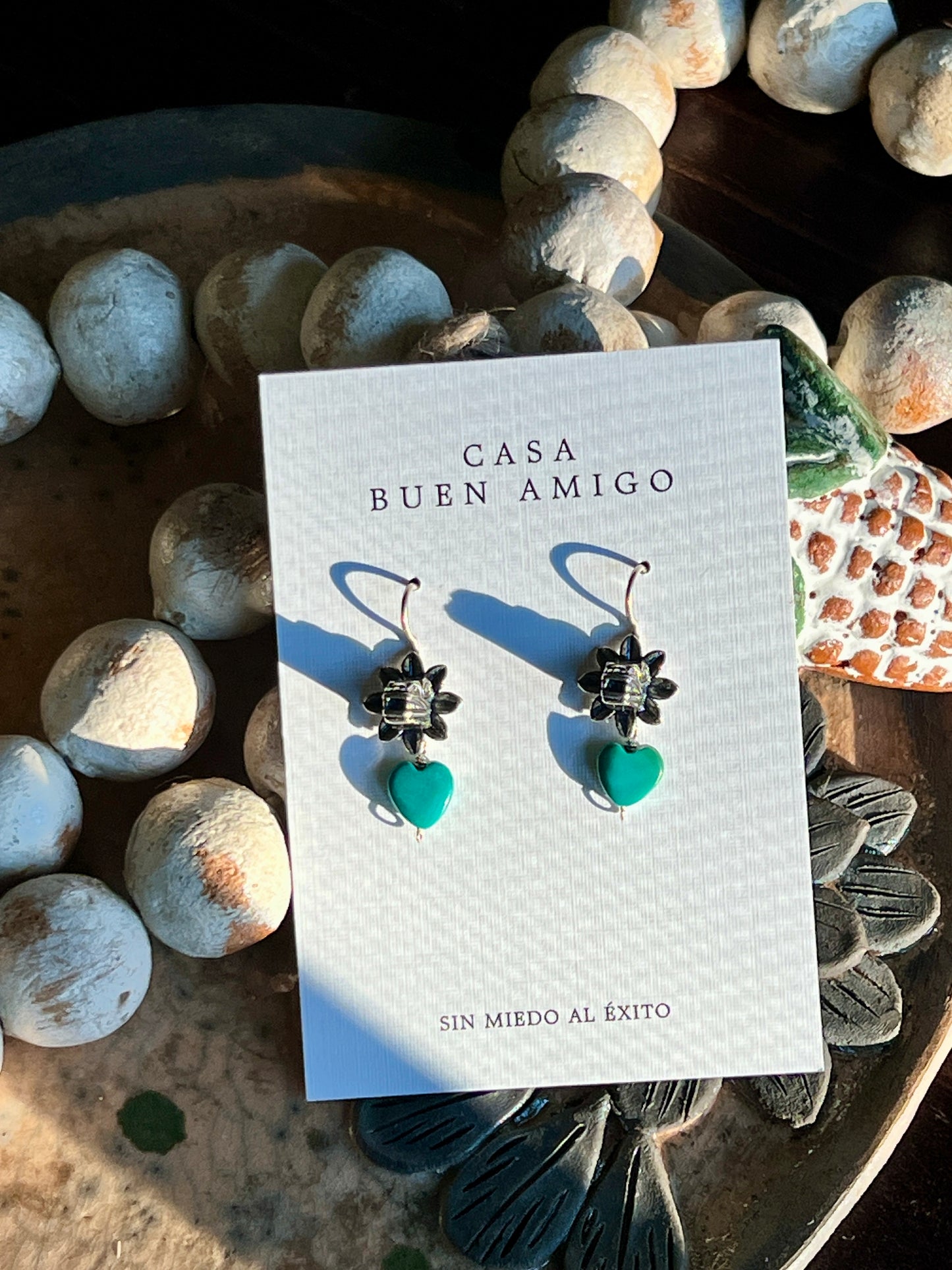 Kukulkán Silver Earrings with Turquoise Heart | Handmade in Guadalajara, Mexico