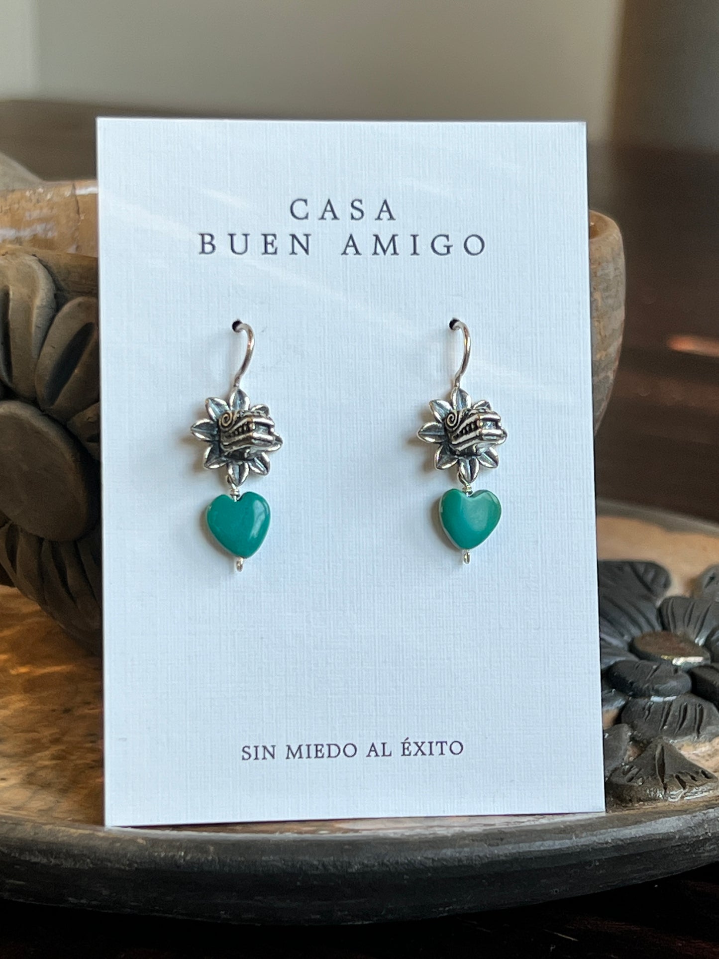 Kukulkán Silver Earrings with Turquoise Heart | Handmade in Guadalajara, Mexico