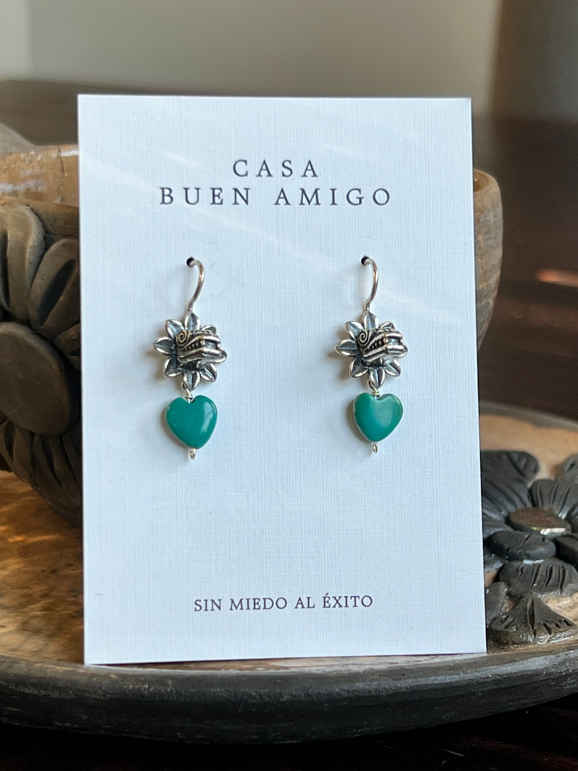 Kukulkán Silver Earrings with Turquoise Heart | Handmade in Guadalajara, Mexico