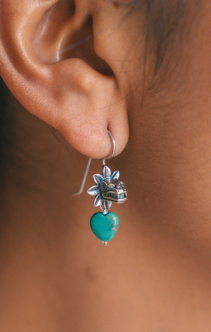 Kukulkán Silver Earrings with Turquoise Heart | Handmade in Guadalajara, Mexico