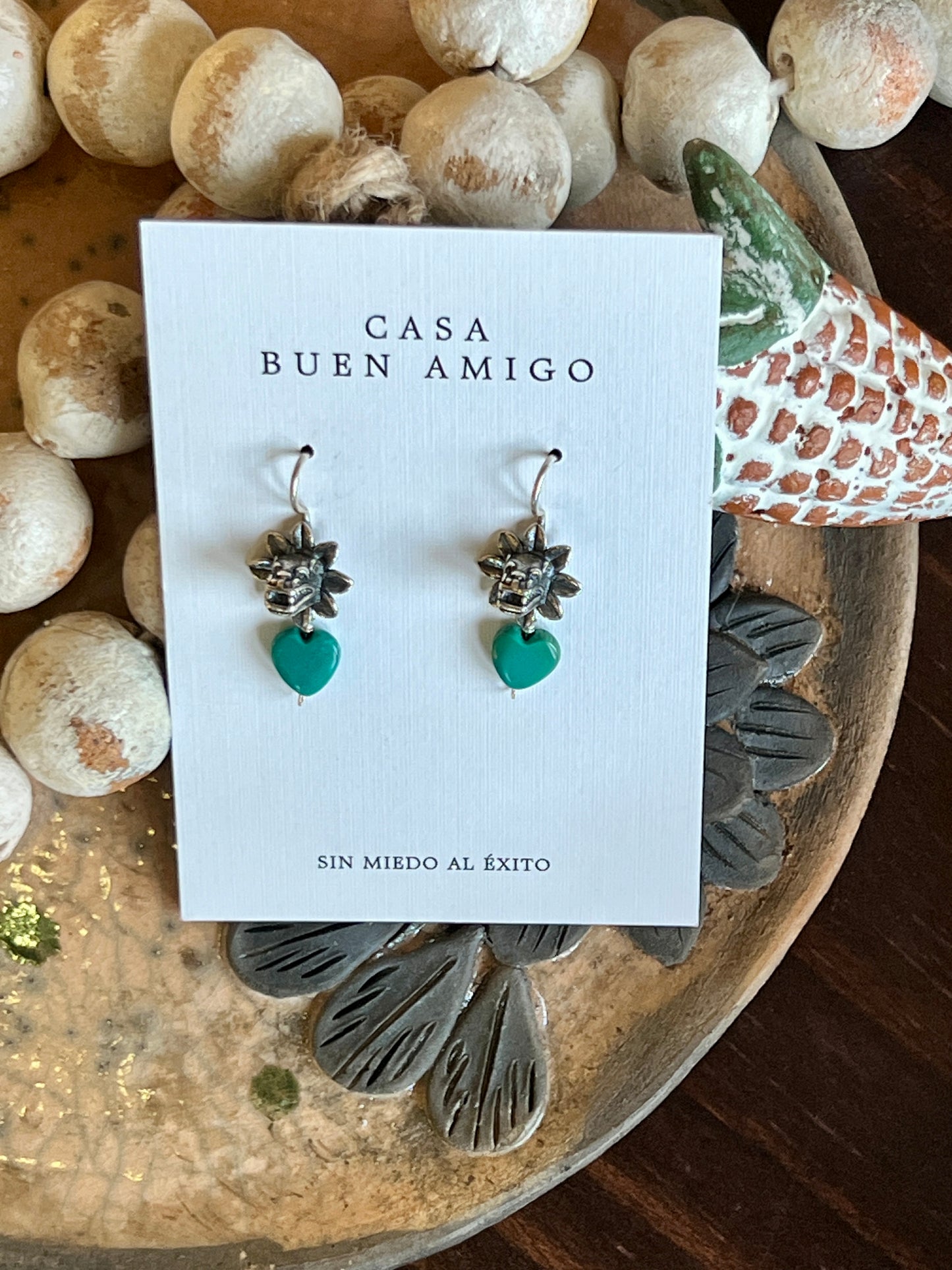 Kukulkán Silver Earrings with Turquoise Heart | Handmade in Guadalajara, Mexico