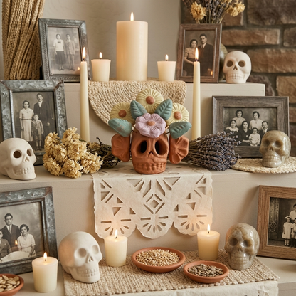 A styled Day of the Dead altar display featuring a terracotta sugar skull with floral hair, surrounded by white candles, vintage family photographs, dried flowers, lavender, and multiple decorative skulls on woven mats.
