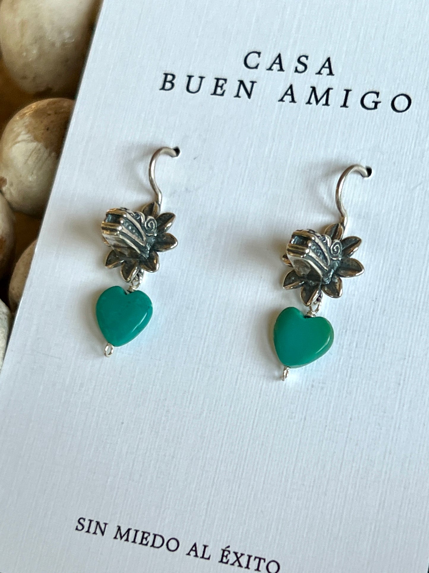 Kukulkán Silver Earrings with Turquoise Heart | Handmade in Guadalajara, Mexico