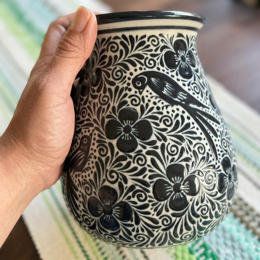 Black and White Hand Painted Mexican Ceramic Vase – Pajaro Ceramics Guanajuato Folk Art Pottery – 7.25 Inch Vase
