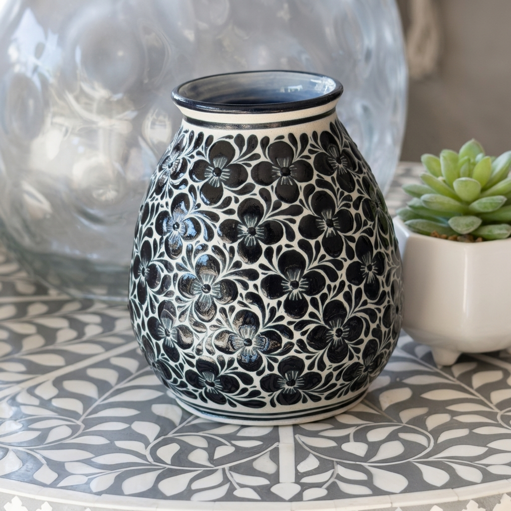 Hand Painted Blue White Floral Vase Mexican Talavera Pottery From Guanajuato, Handmade Ceramic Folk Art Home Decor Accent