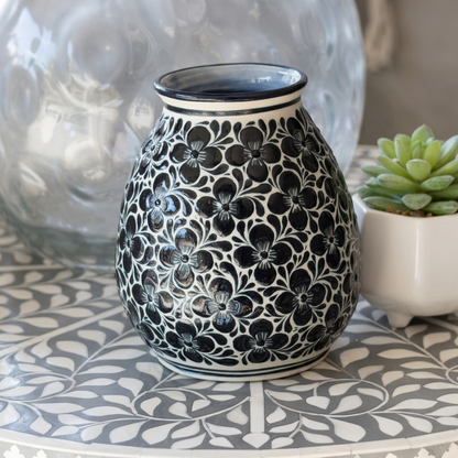 Hand Painted Blue White Floral Vase Mexican Talavera Pottery From Guanajuato, Handmade Ceramic Folk Art Home Decor Accent
