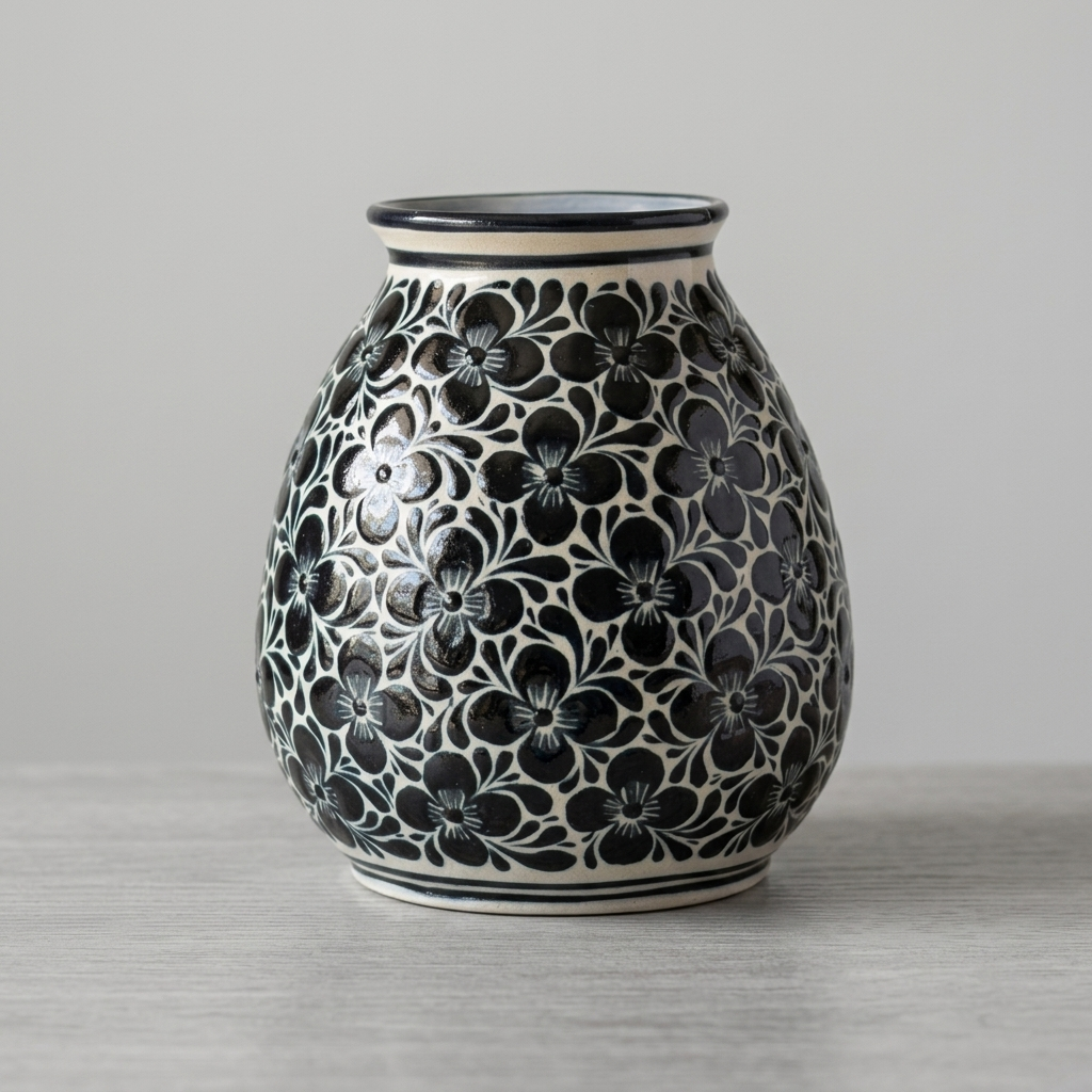 Hand Painted Blue White Floral Vase Mexican Talavera Pottery From Guanajuato, Handmade Ceramic Folk Art Home Decor Accent