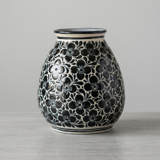 Hand Painted Blue White Floral Vase Mexican Talavera Pottery From Guanajuato, Handmade Ceramic Folk Art Home Decor Accent