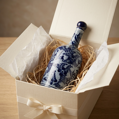 Hand Painted Talavera Style Decanter 11.5 Inch – Blue and White Mexican Ceramic Bottle from Guanajuato – Bird Floral Artisan Barware Decor
