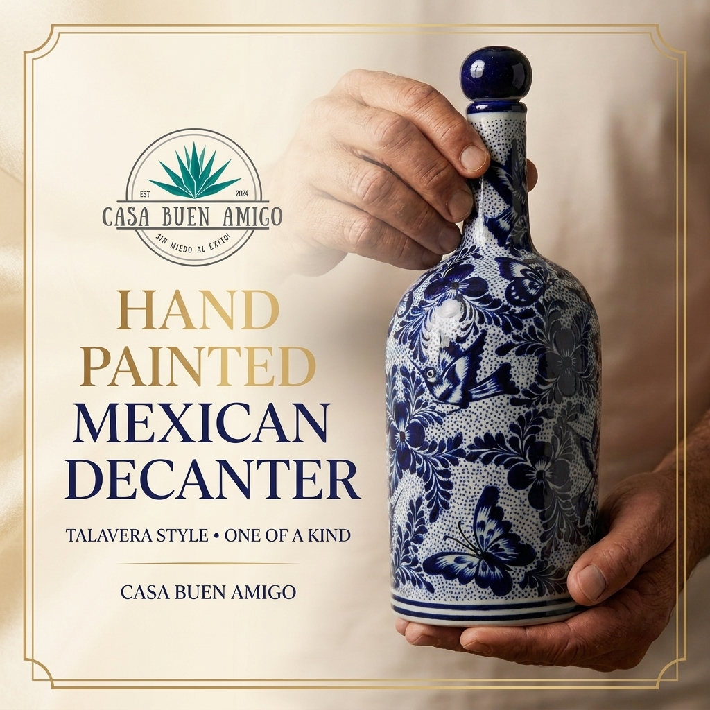 Hand Painted Talavera Style Decanter 11.5 Inch – Blue and White Mexican Ceramic Bottle from Guanajuato – Bird Floral Artisan Barware Decor