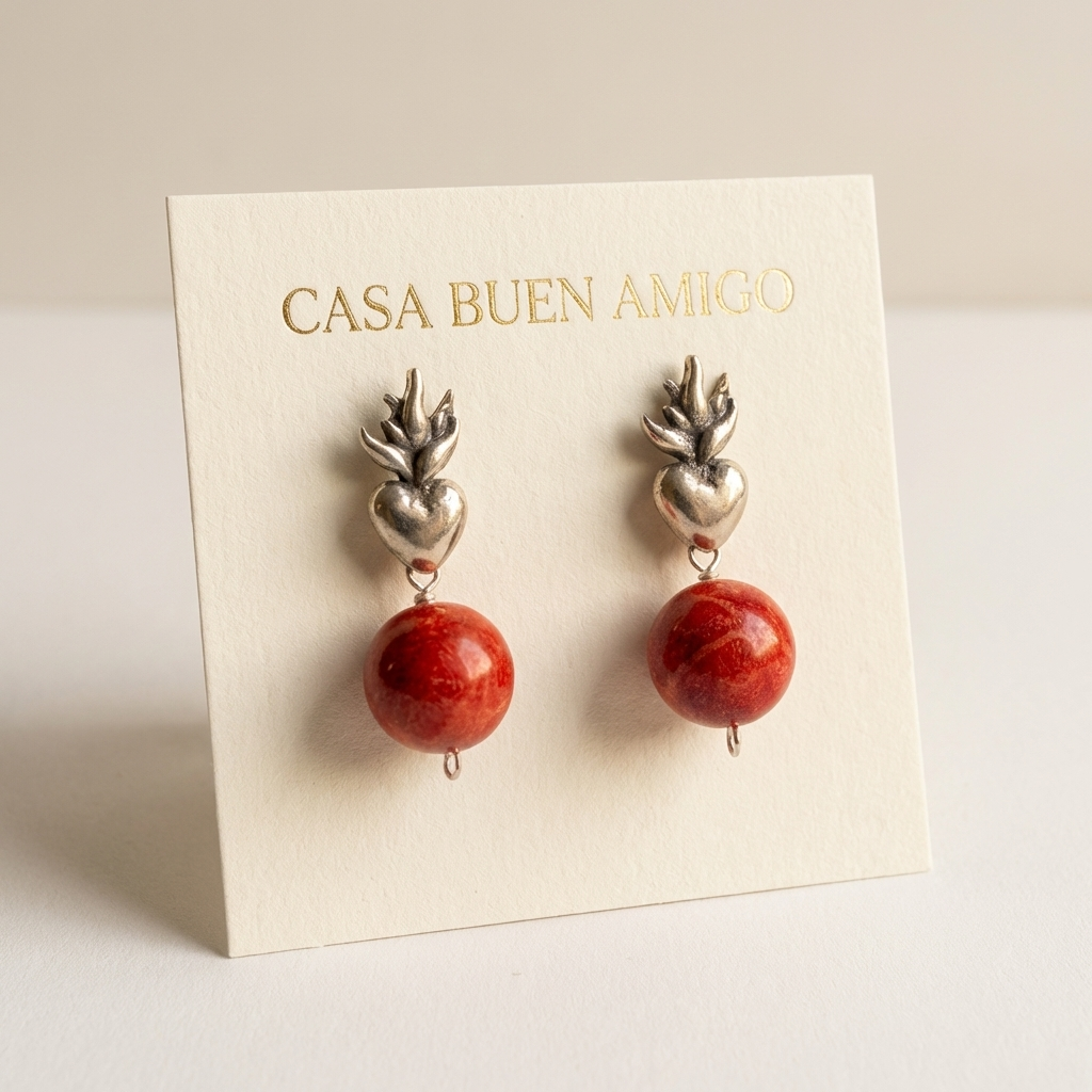 Handmade Sacred Heart Coral Earrings – .925 Sterling Silver | Gabriela Sanchez Guadalajara