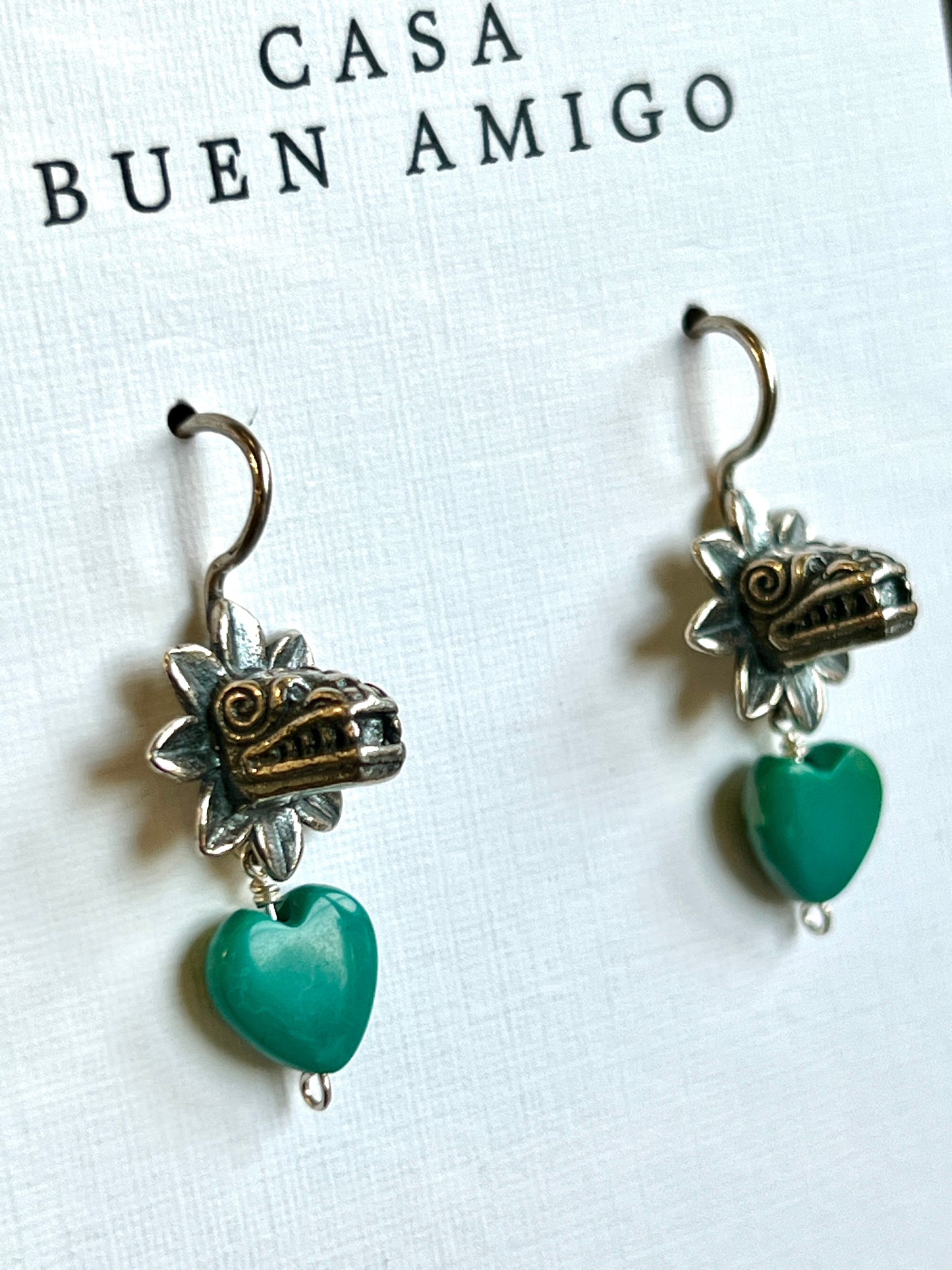 Kukulkán Silver Earrings with Turquoise Heart | Handmade in Guadalajara, Mexico