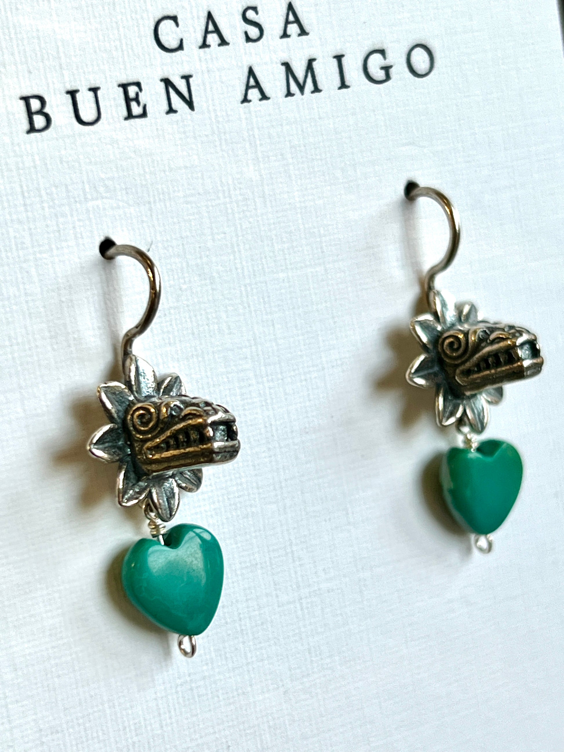 Kukulkán Silver Earrings with Turquoise Heart | Handmade in Guadalajara, Mexico
