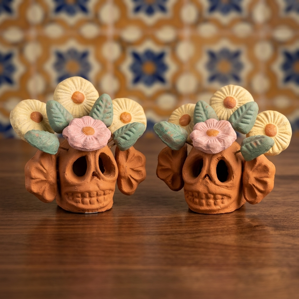 Two terracotta clay sugar skull figurines decorated with pastel flowers and leaves, displayed on a wooden surface against a patterned tile background.