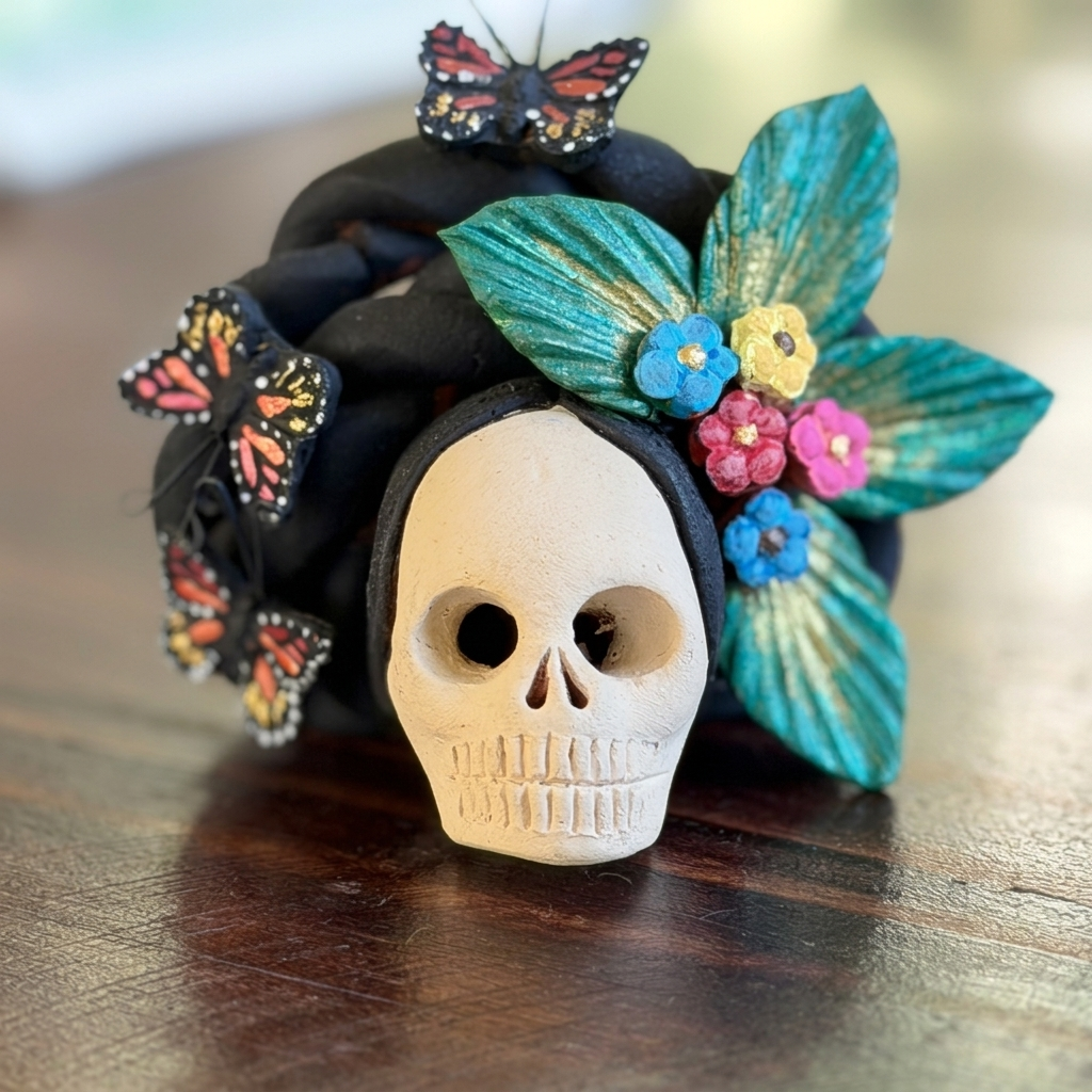 Catrina clay catrina head with flowers and butterlies
