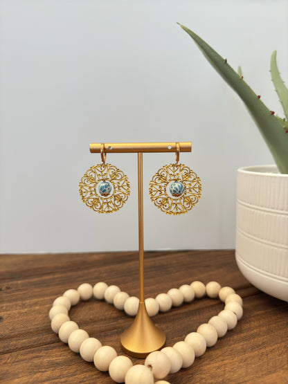 Goddess Earrings 14K Gold Turquoise Talavera