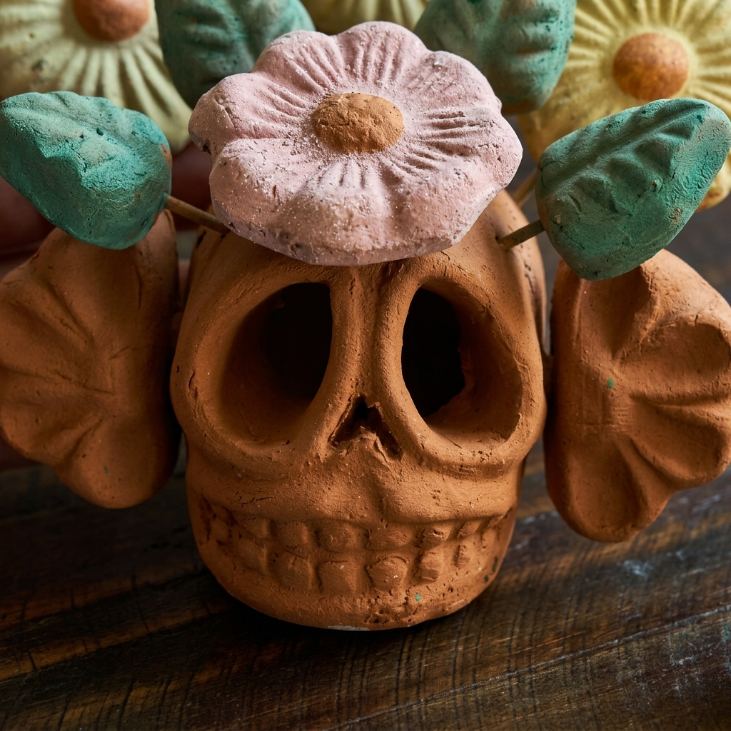 Tonalá Mexican Floral Skull – Handmade Clay Folk Art