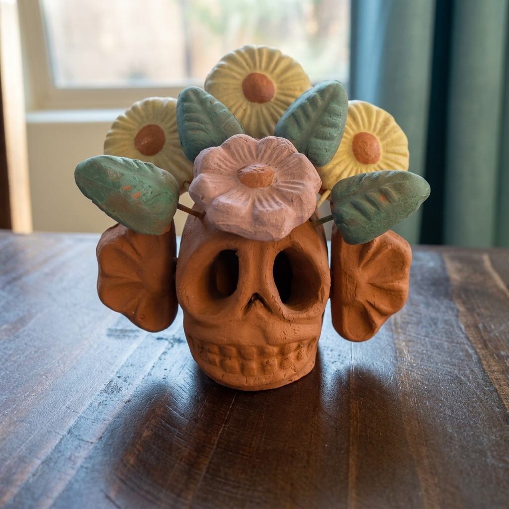 A terracotta clay decorative skull centerpiece with a pink flower and yellow sunflowers on a dark wooden table in a home setting.