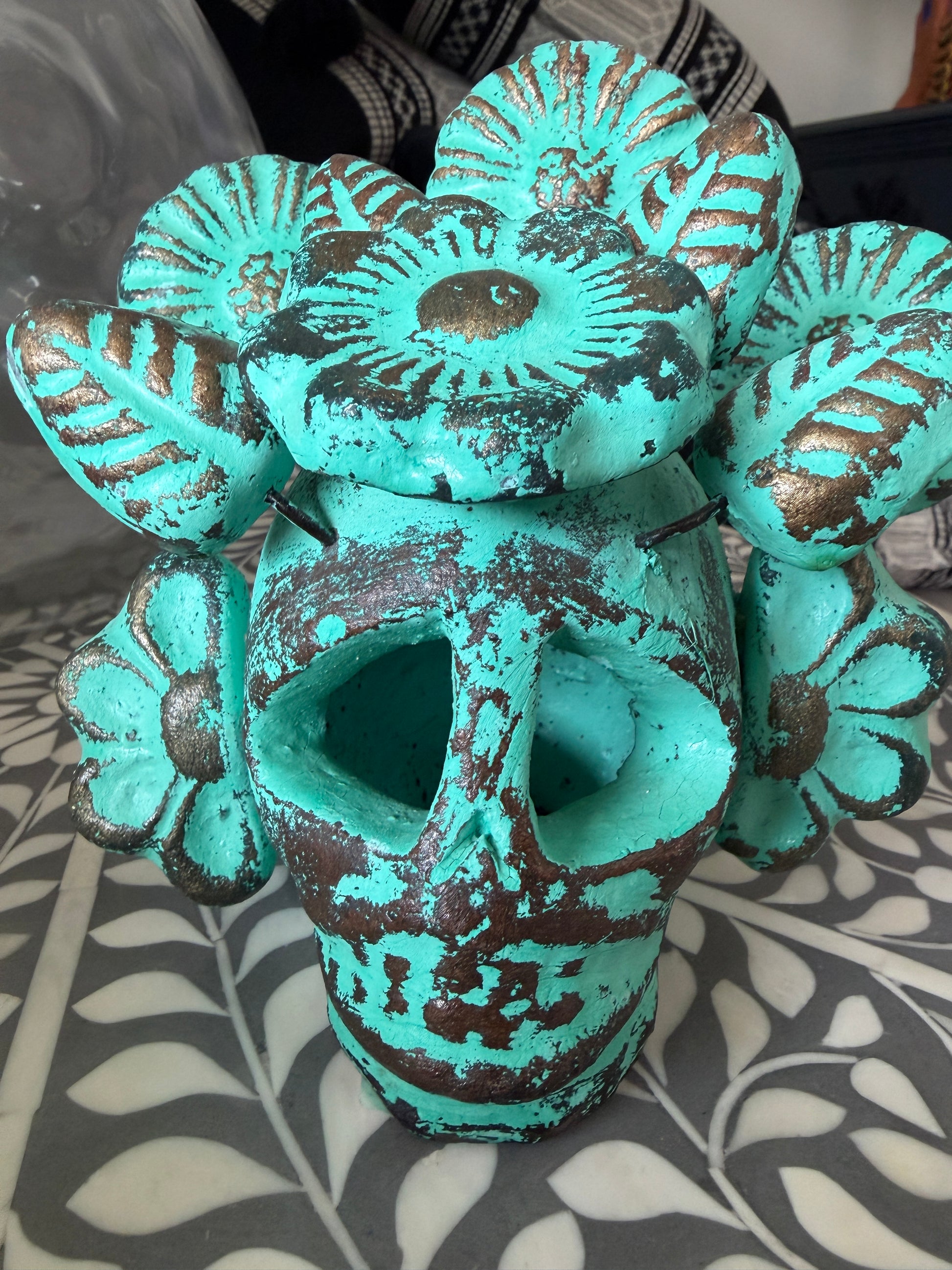 Handcrafted Floral Clay Skull – Artisan Calavera from Guadalajara, Mexico