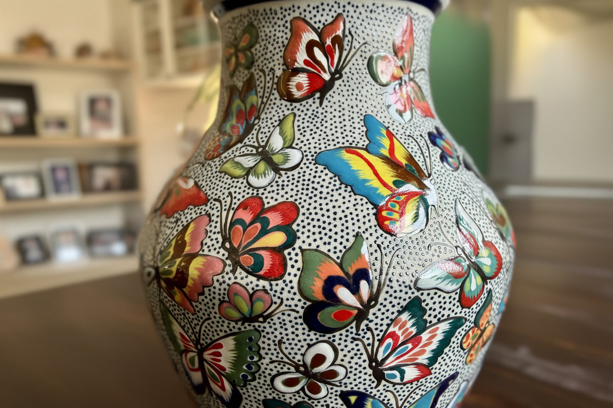 Colorful Butterfly Ceramic Vase – Hand Painted Mexican Pottery From Guanajuato