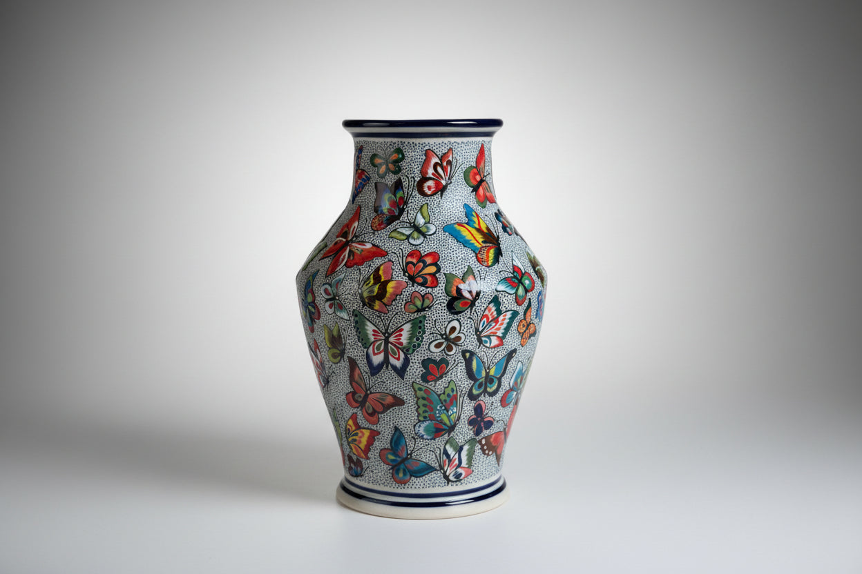 Colorful Butterfly Ceramic Vase – Hand Painted Mexican Pottery From Guanajuato