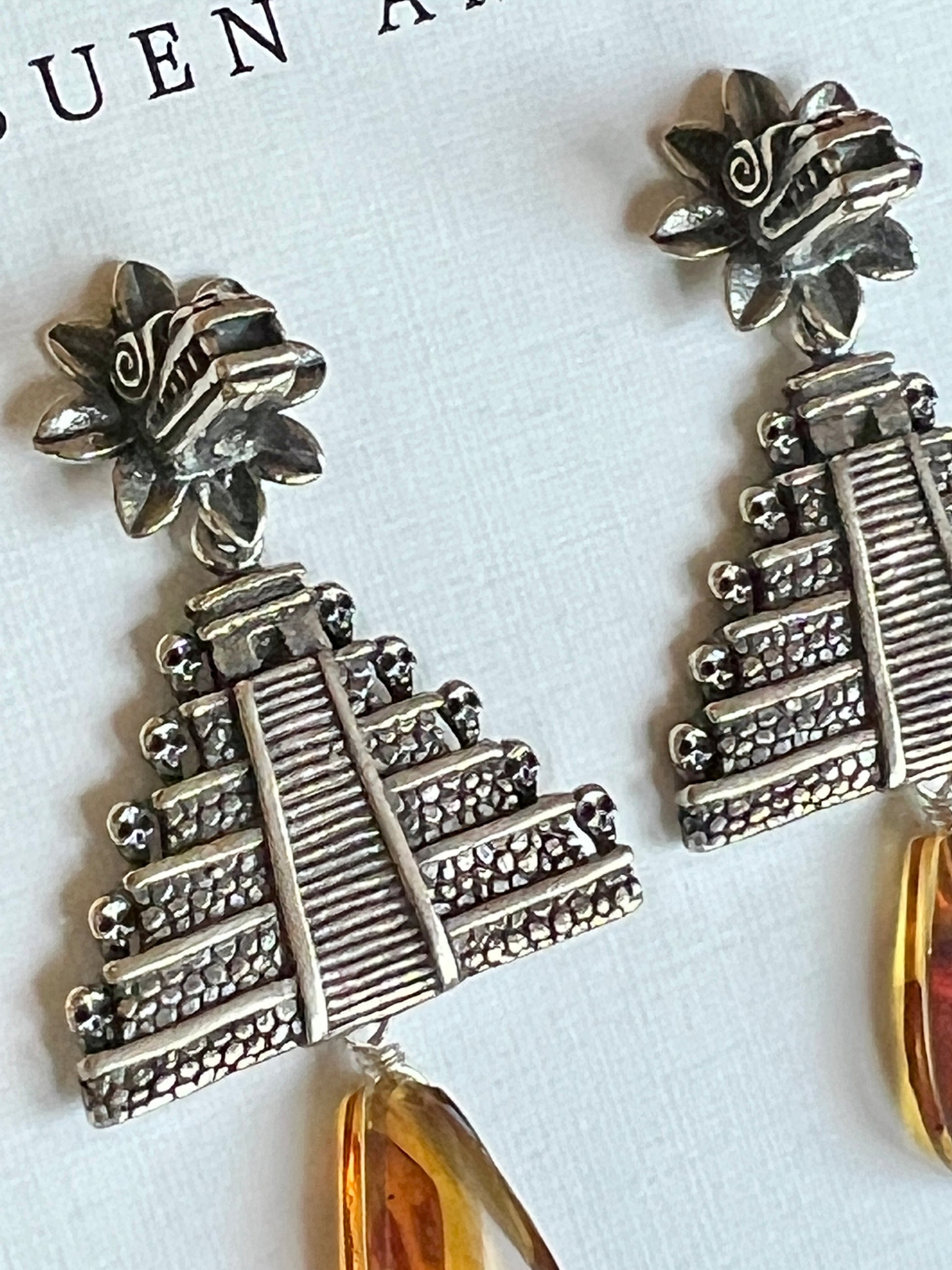 Gabriela Sánchez Amber & .925 Silver Kukulkán Pyramid Earrings | Handcrafted Mexican Fine Jewelry | Cultural Artisan Earrings from Guadalajara