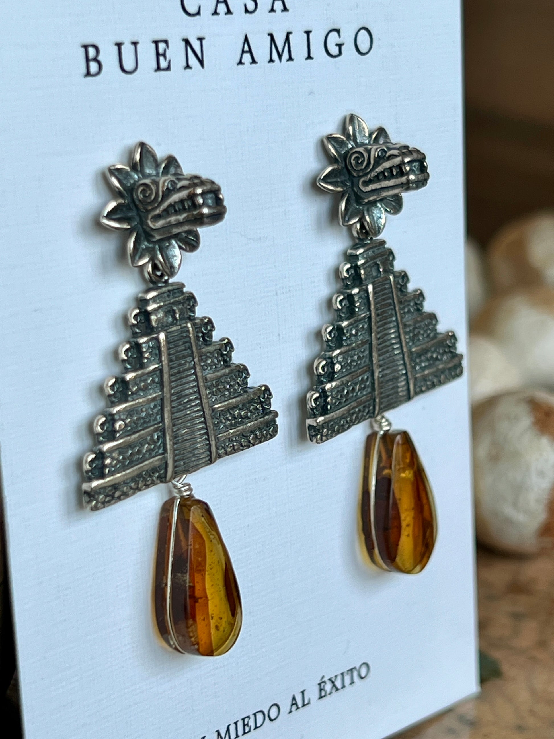 Gabriela Sánchez Amber & .925 Silver Kukulkán Pyramid Earrings | Handcrafted Mexican Fine Jewelry | Cultural Artisan Earrings from Guadalajara