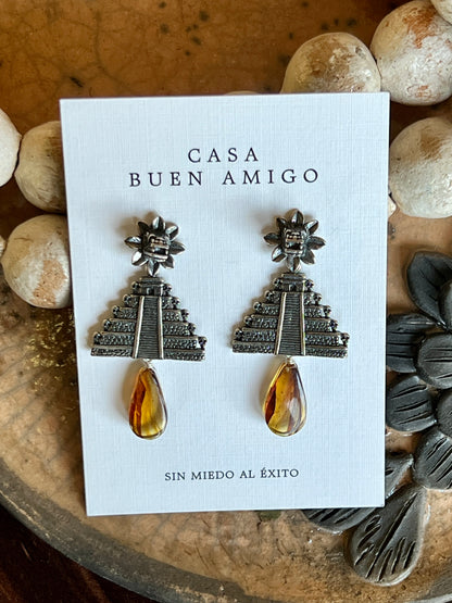 Gabriela Sánchez Amber & .925 Silver Kukulkán Pyramid Earrings | Handcrafted Mexican Fine Jewelry | Cultural Artisan Earrings from Guadalajara