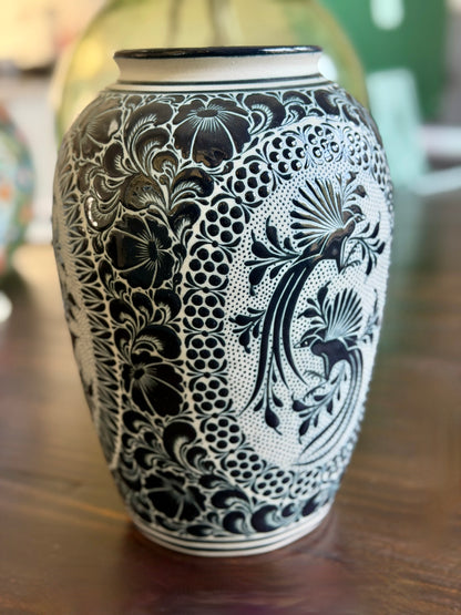 Black and White Talavera Vase – Handpainted Mexican Ceramic Art