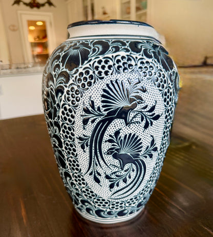 Black and White Talavera Vase – Handpainted Mexican Ceramic Art