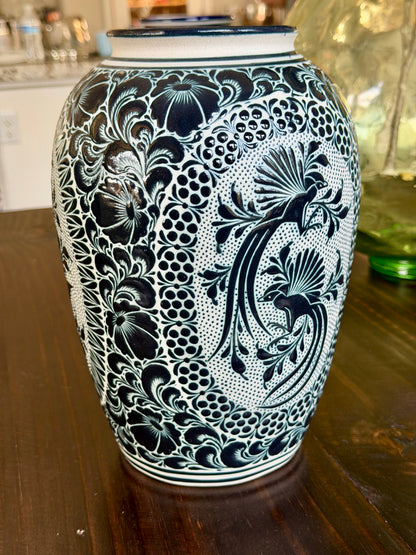 Black and White Talavera Vase – Handpainted Mexican Ceramic Art